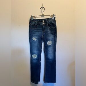 Mudd, girls youth skinny jeans with gems in the rips.